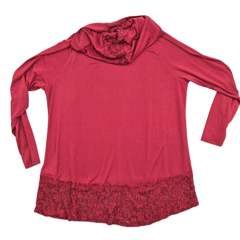 Soft Surroundings Red Lace Trim Hoodie Long Sleeve Knit Top XL NEW - Picture 2 of 5